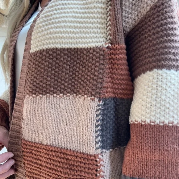 Mocha Brown Combo Checker Block Knit Cardigan Sweater - Picture 2 of 3